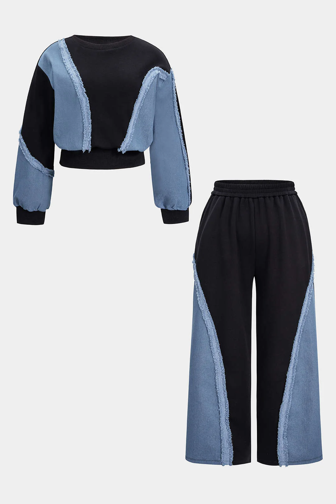 Plus Size Denim Patchwork Long-Sleeve Top And High Waist Wide Leg Trousers Set - Flockneti