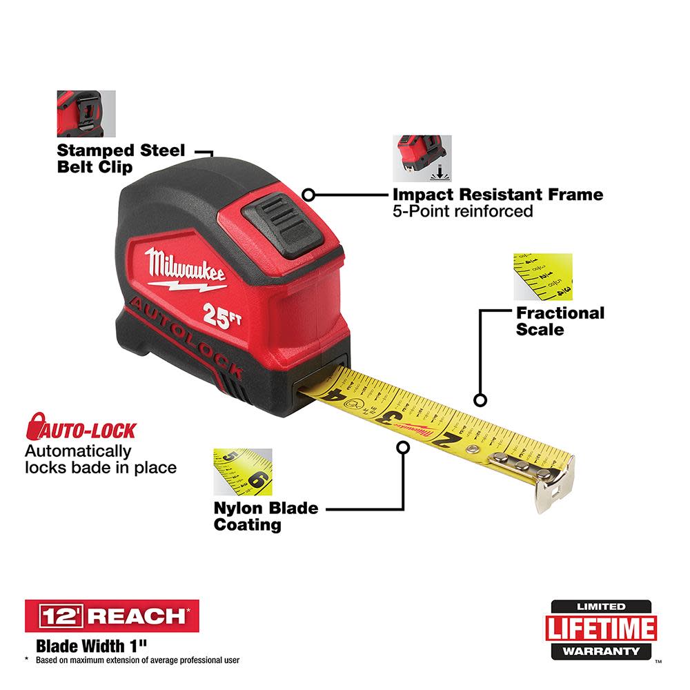 Milwaukee 25 ft. Compact Auto Lock Tape - Flockneti