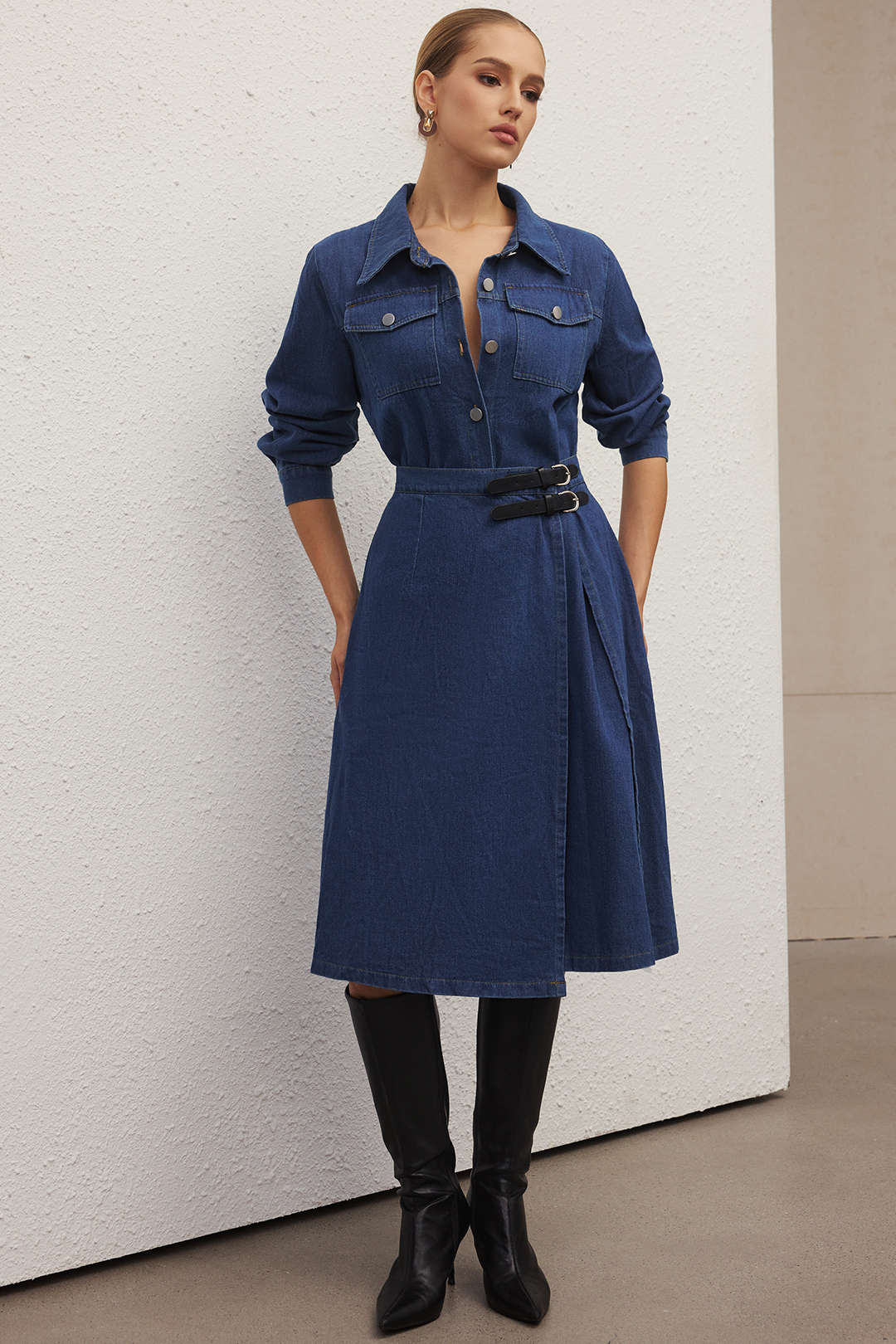 Denim Button Belted Long Sleeve Dress - Flockneti