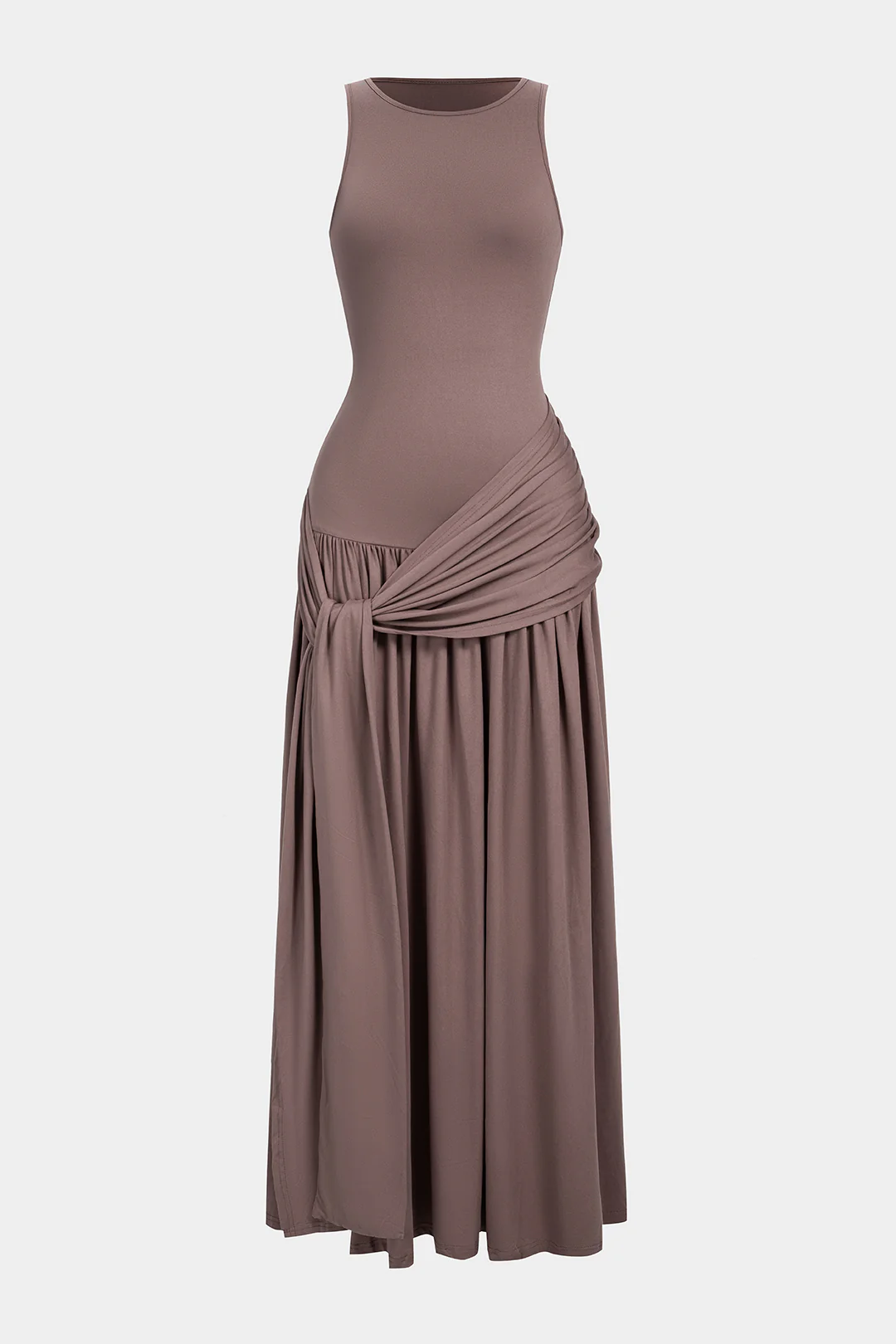 Tie Front Round Neck Ruched Sleeveless Maxi Dress - Flockneti