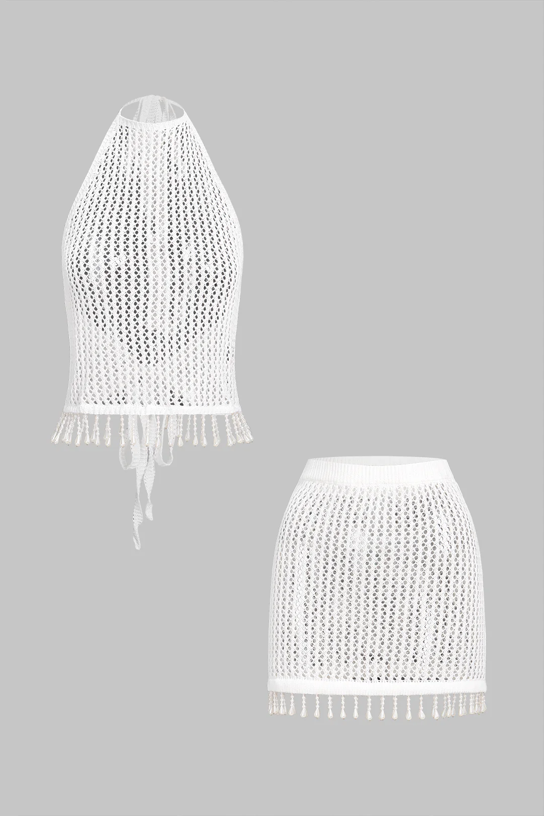 Knit Hollow Out Fringe Halter Tie Back Top And Skirt Set - Flockneti