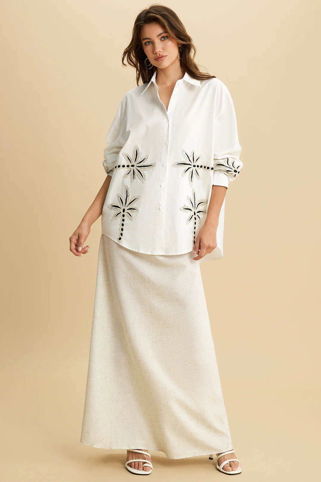 Appliques Button Long-Sleeve Shirt - Flockneti