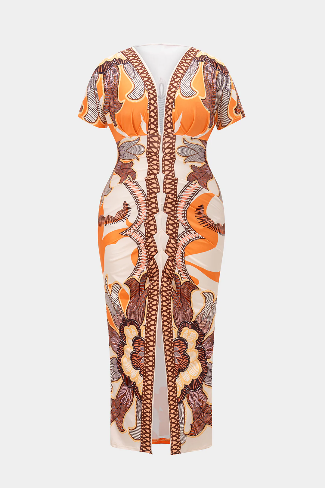Plus Size Bohemian Print Ruched V-Neck Short Sleeve Slit Midi Dress - Flockneti