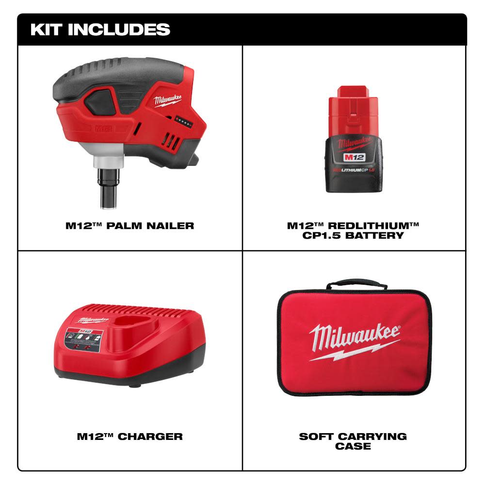 Milwaukee M12 Cordless Lithium-Ion Palm Nailer Kit - Flockneti