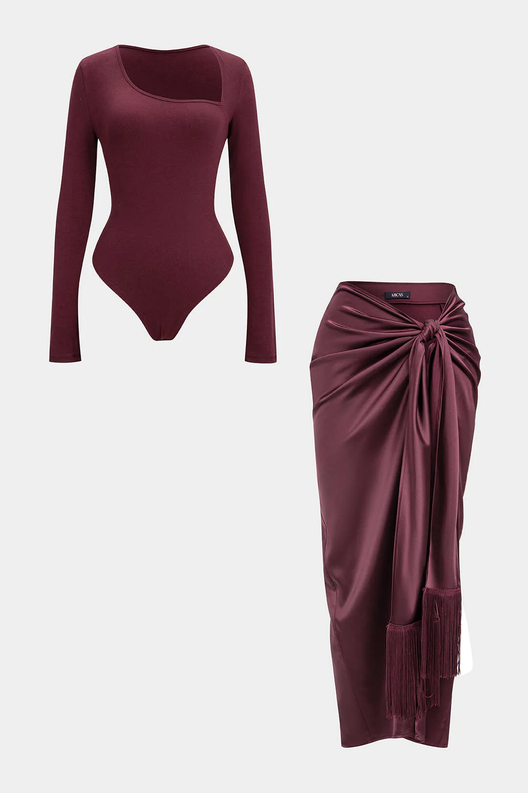 Solid Ruched Long Sleeve Bodysuit And Satin Knotted Wrap Skirt Set - Flockneti
