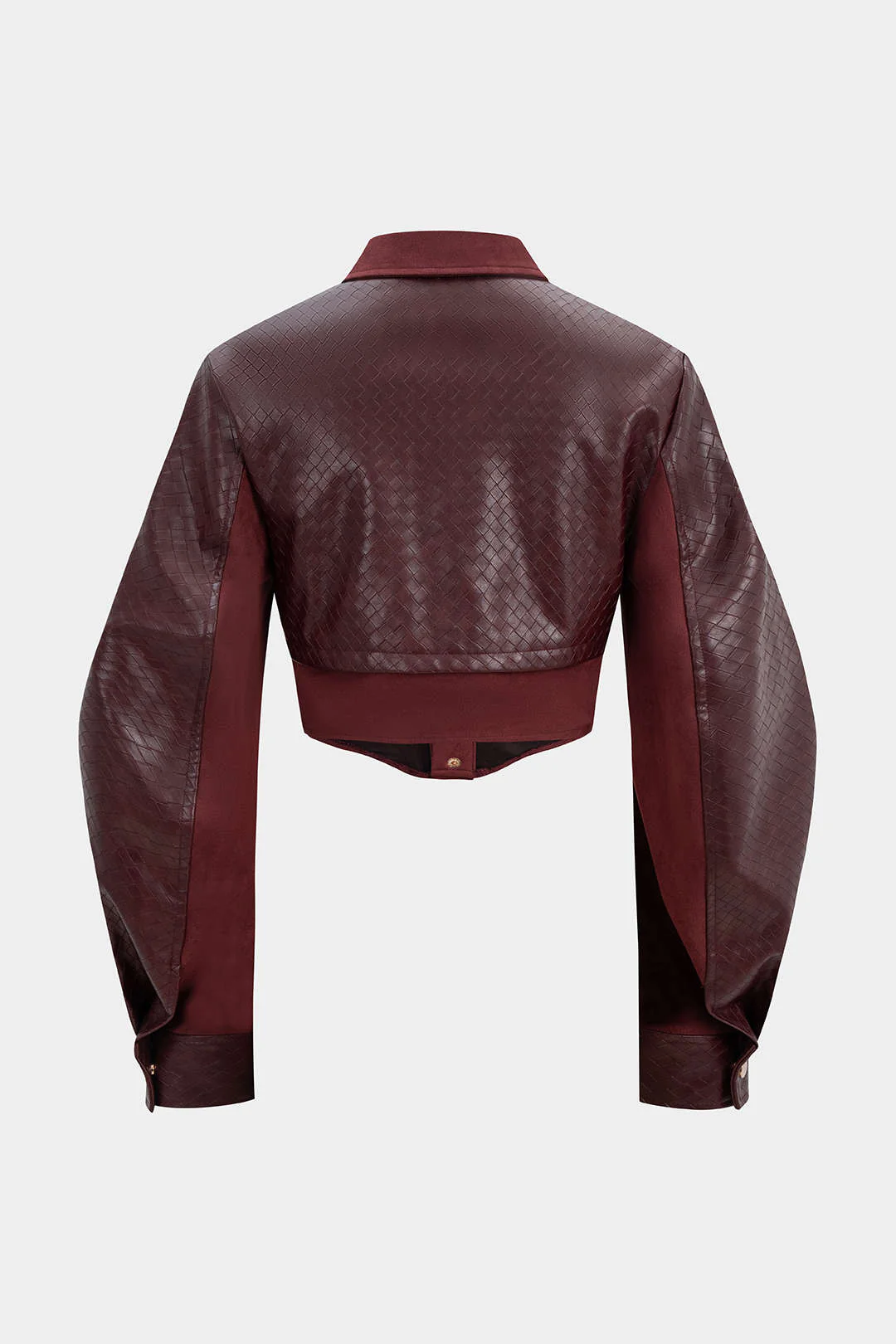 Woven Pattern Faux Leather Patchwork Cropped Jacket - Flockneti