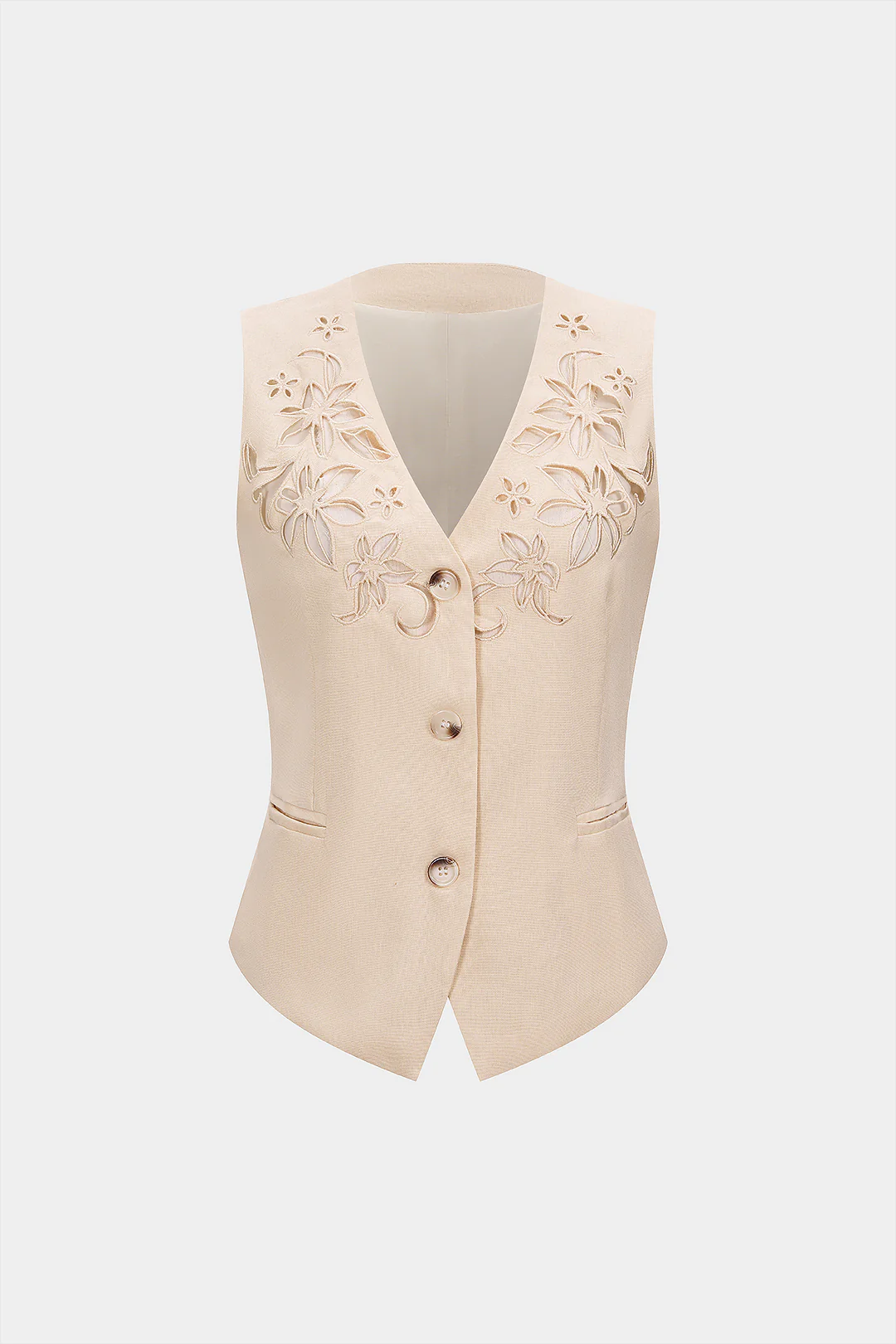 Solid V-Neck Cut Out Embroidery Vest - Flockneti