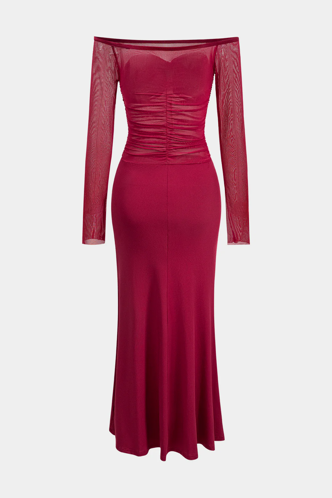 Mesh Patchwork Off Shoulder Ruched Long Sleeve Maxi Dress - Flockneti