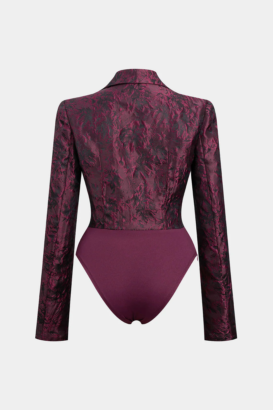 Floral Print Jacquard Notched Lapel Long Sleeve Bodysuit - Flockneti