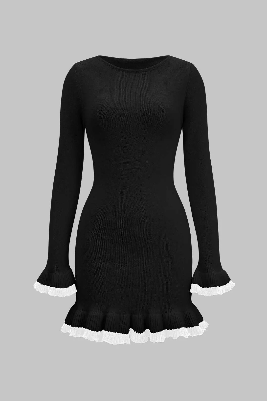 Knit Contrast Ruffle Binding Long Sleeve Dress - Flockneti