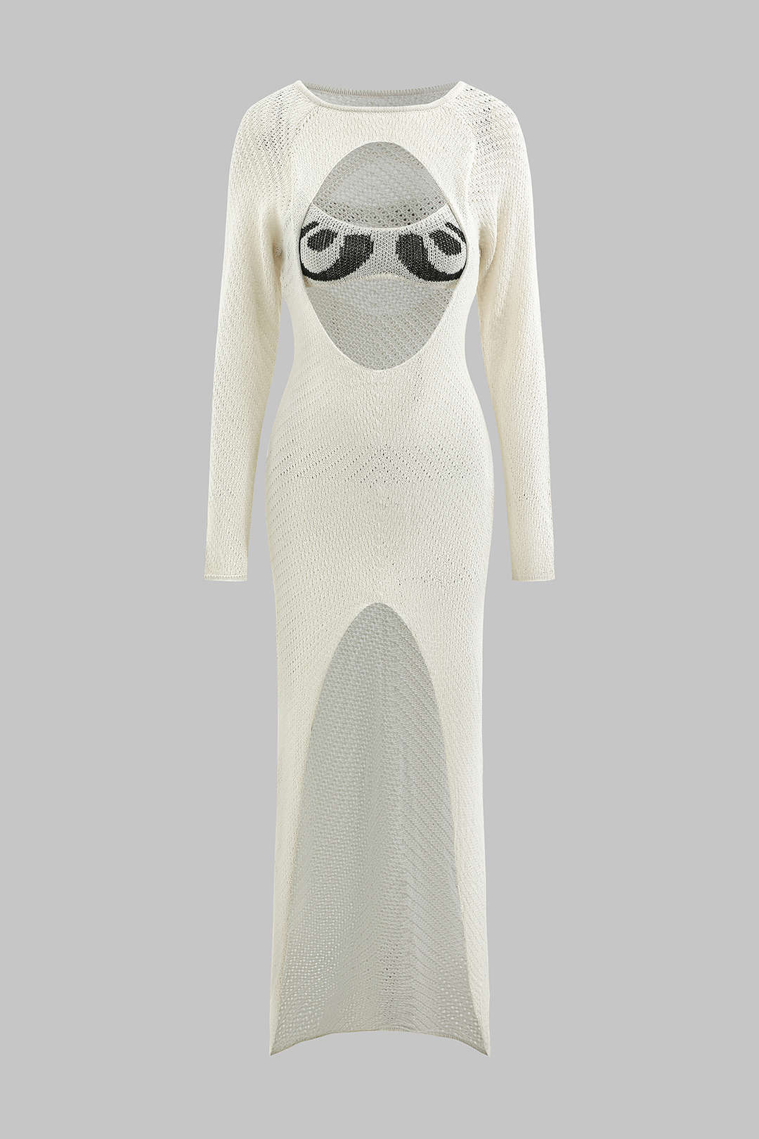 Knit Contrast Cut Out Slit Long Sleeve Dress - Flockneti