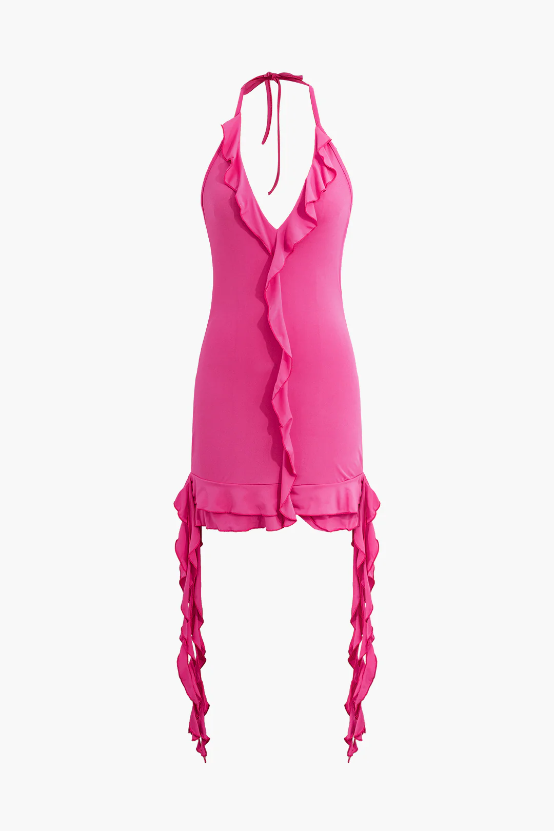 Halter Neck Backless Tie Up Asymmetrical Ruffle Sleeveless Mini Dress - Flockneti