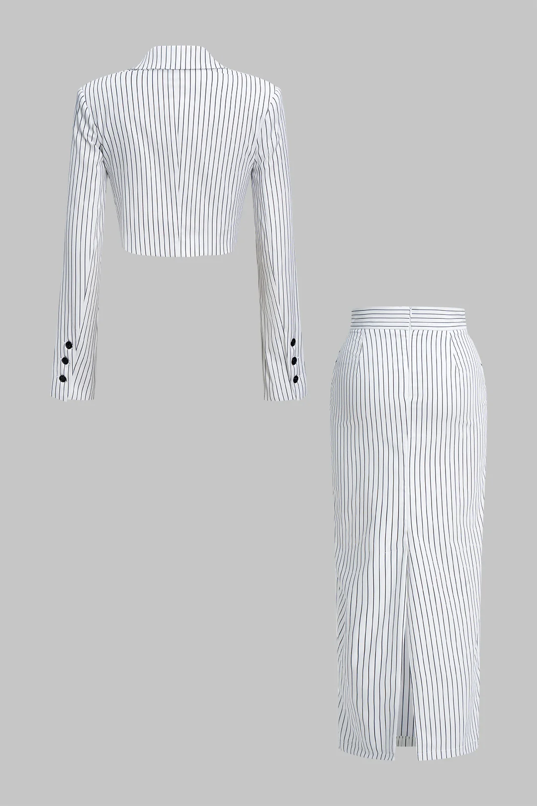 Stripes Print Notched Lapel Long-Sleeve Top And High Waist Skirt Set - Flockneti