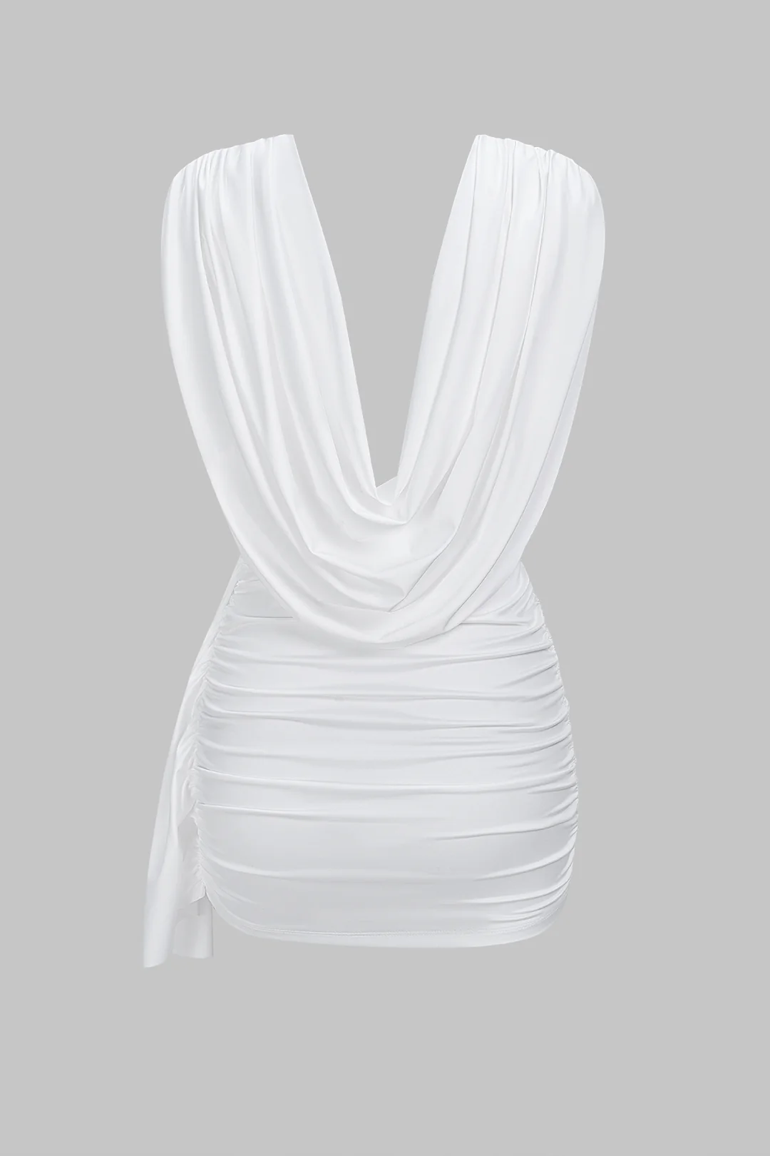 Ruched Draped Cowl Neck Asymmetrical Sleeveless Mini Dress - Flockneti