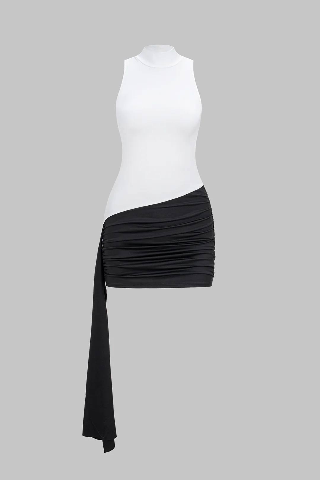 Contrast Mock Neck Ruched Strappy Sleeveless Mini Dress - Flockneti