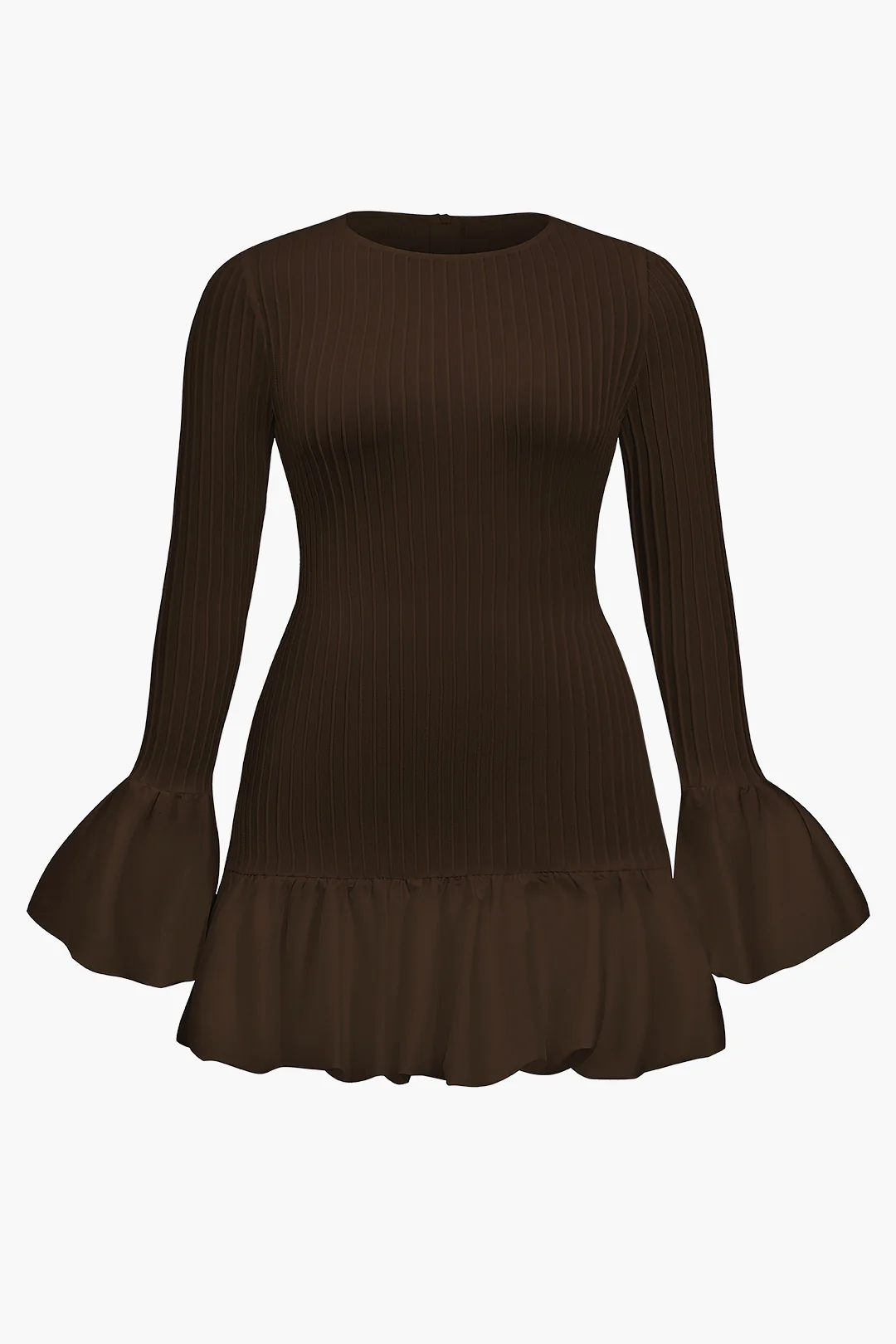 Plus Size Bell Sleeve Ruffle Hem Ribbed Dress - Flockneti