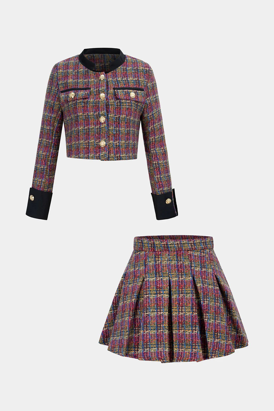 Tweed Patchwork Button Pockets Jacket And Pleated Mini Skirt Set - Flockneti