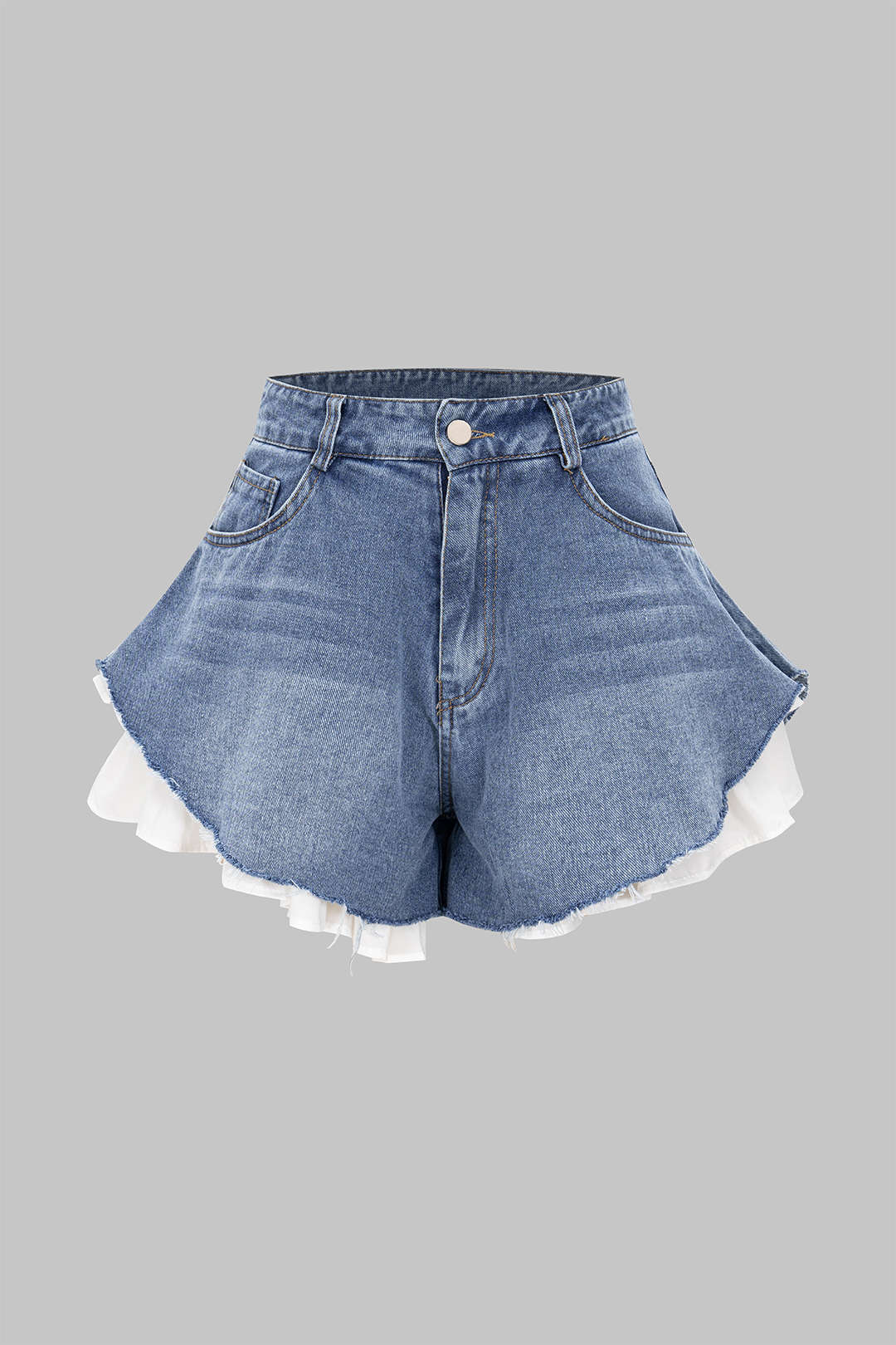 Denim Patchwork Frayed Wide Leg Shorts - Flockneti