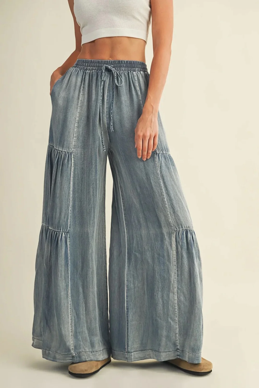Denim Drawstring Shirred Waistband Wide Leg Jeans - Flockneti