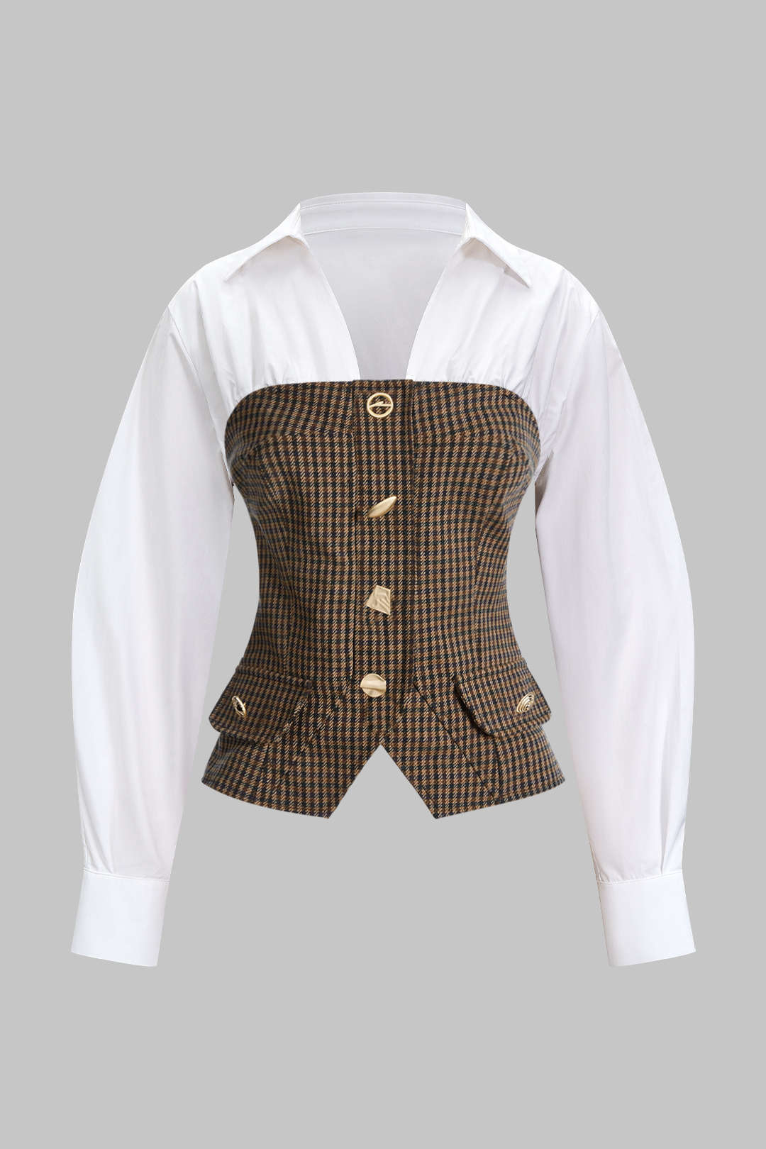 Plaid Print Irregular Button Zipper Long-Sleeved Top - Flockneti