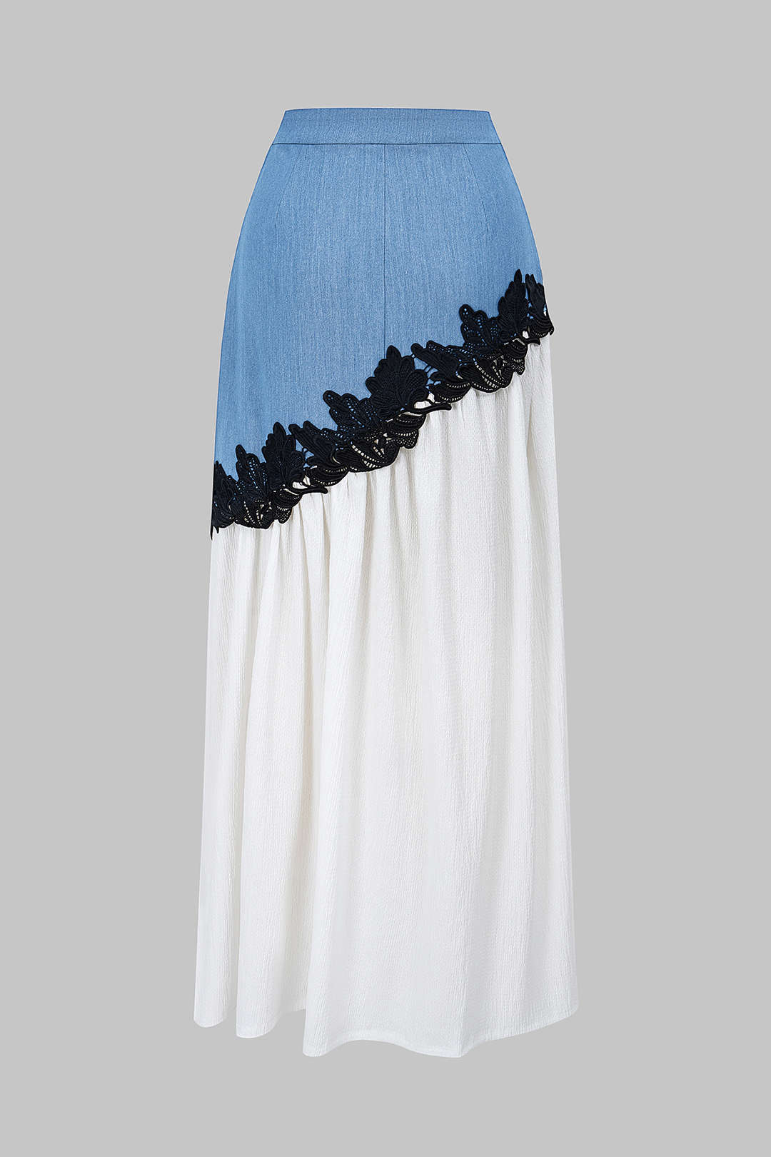 Denim Patchwork Lace Trim Asymmetrical Skirt - Flockneti