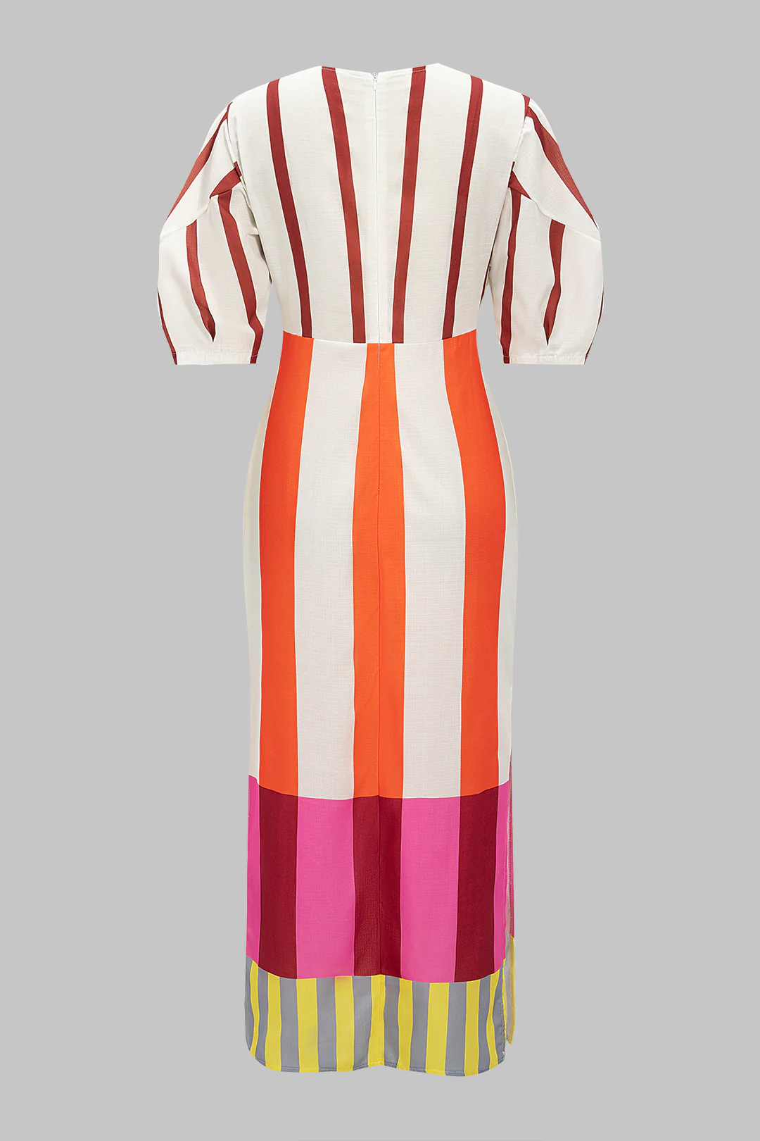 Stripes Print Linen Hollow Out Short Sleeve Midi Dress - Flockneti