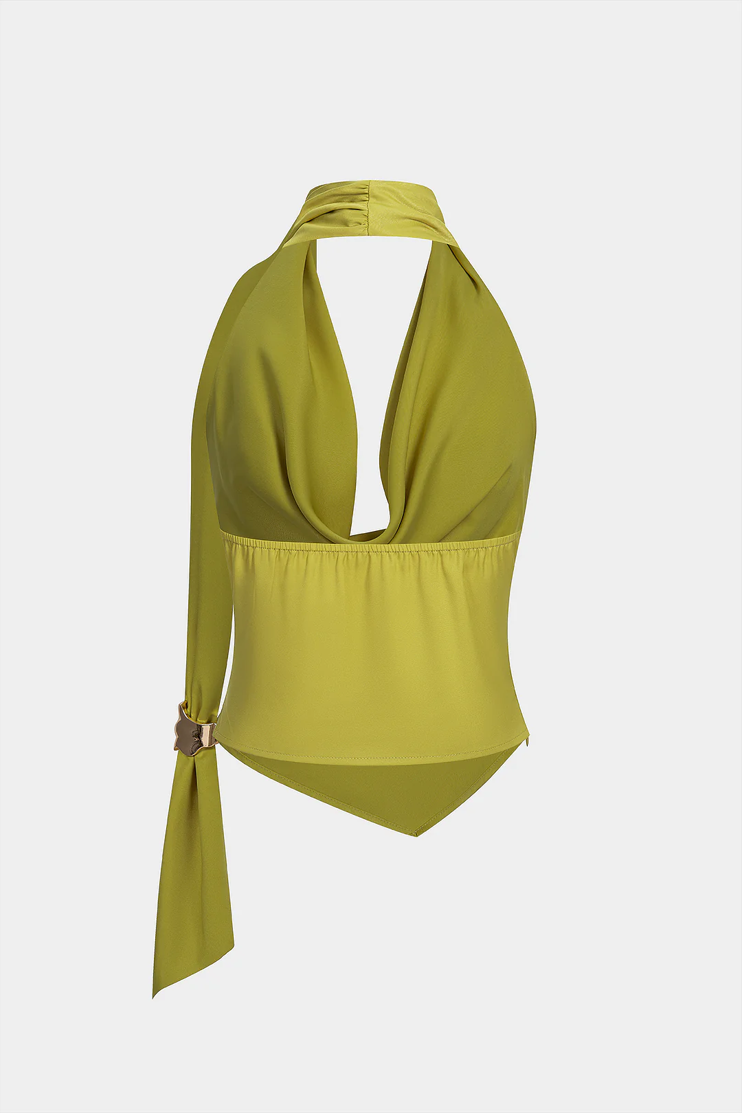 Halter Draped Cowl Neck Ruched Backless Asymmetrical Tank Top - Flockneti
