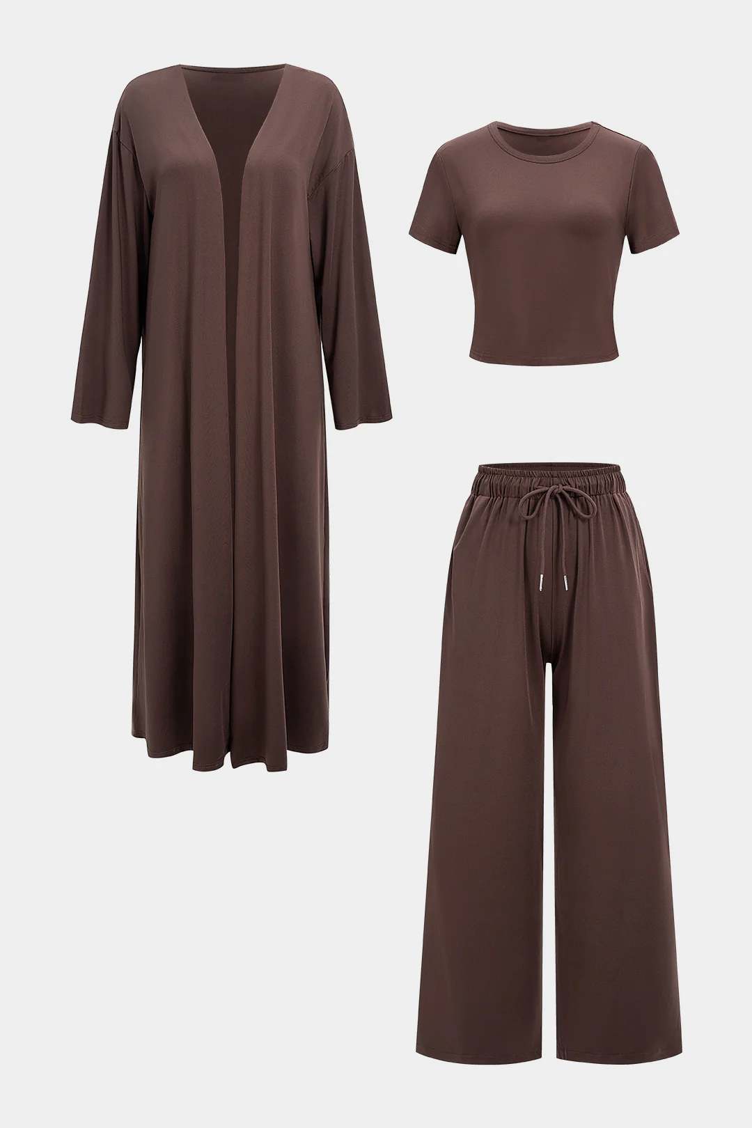 Solid Long Cardigan And Short-Sleeve Top And Drawstring High Waist Pants Set - Flockneti