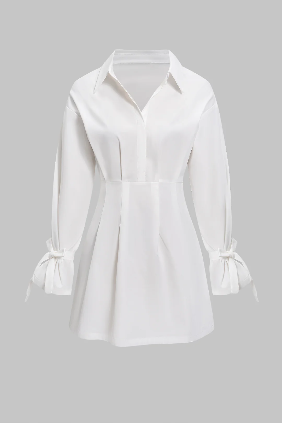 Button Pleated Bow Long Sleeve Mini Dress - Flockneti