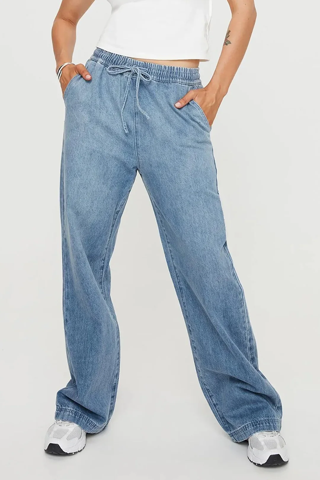 Denim Pocket Drawstring Tie Up Wide Leg Jeans - Flockneti