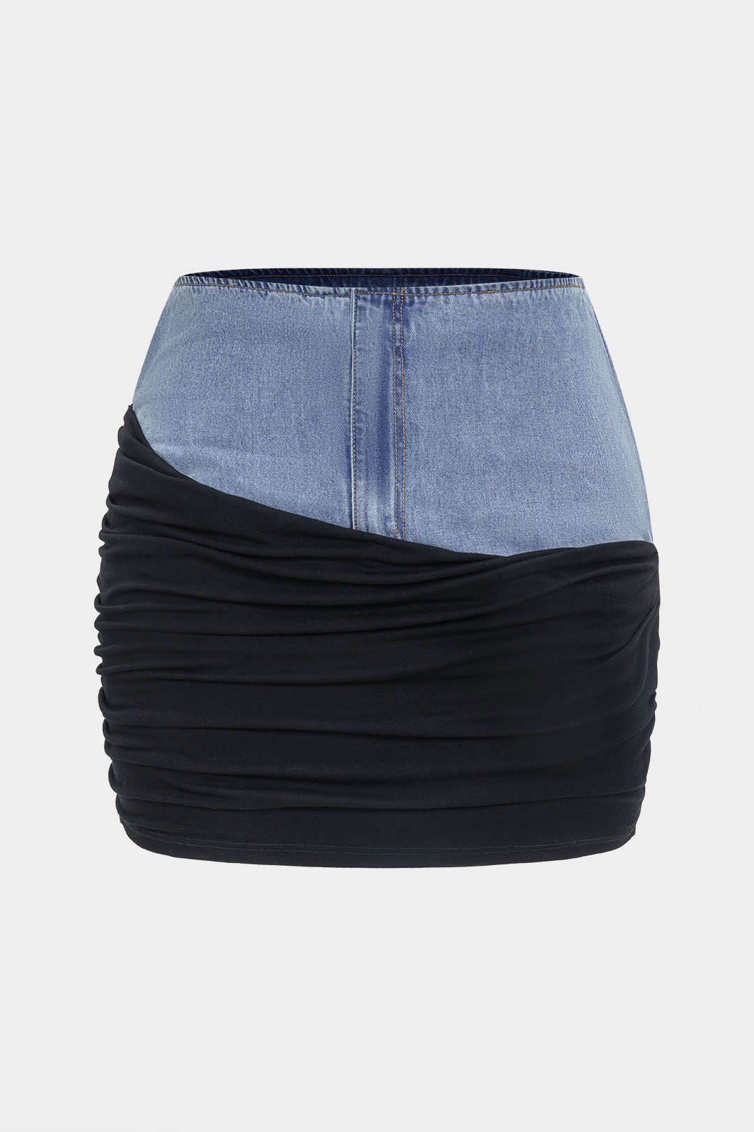 Plus Size Denim Ruched Patchwork Zipper High Waist Skirt - Flockneti