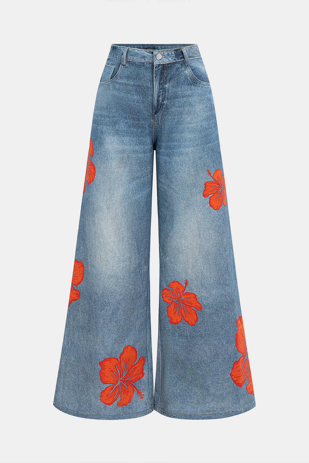 Denim Floral Print Wide Leg Jeans - Flockneti