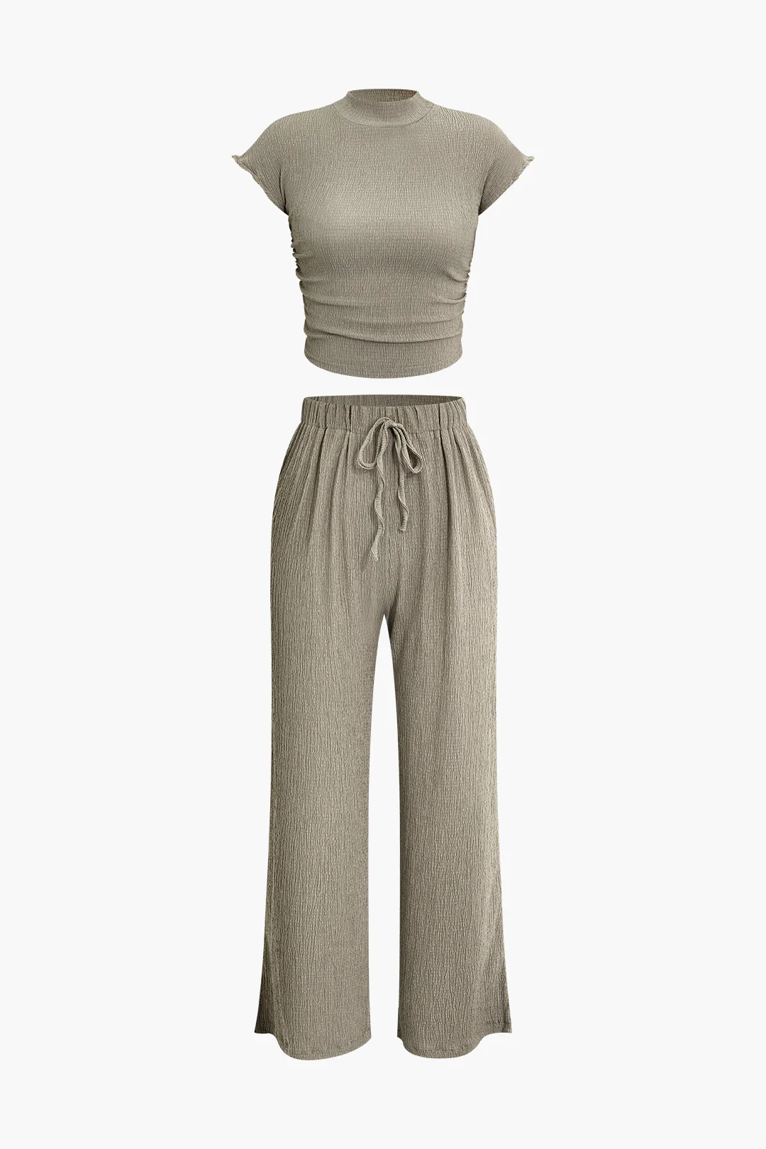 Half-High Collar T-Shirt And Drawstring High Waist Pants Set - Flockneti