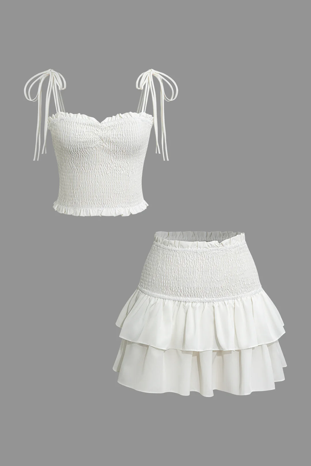 Solid Tie-Up Shirred Cami Top And Mini Skirt Set - Flockneti