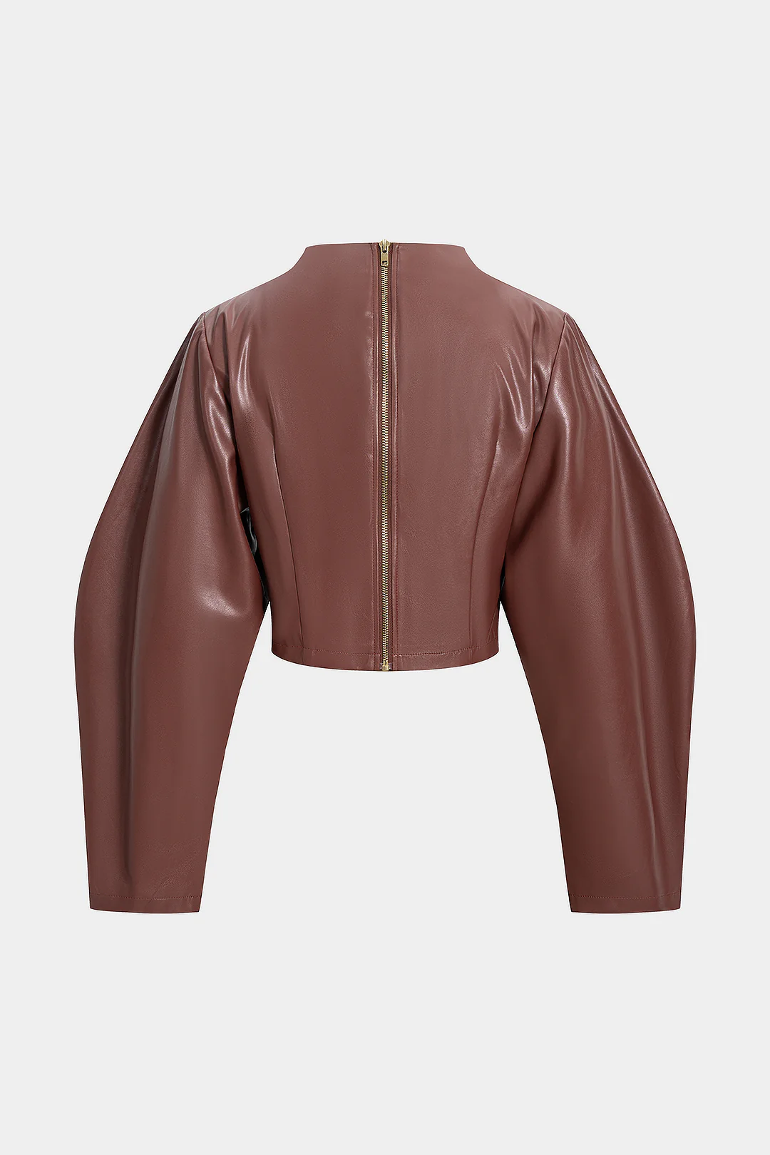Faux Leather Ruched Zipper Long-Sleeve Shirt - Flockneti