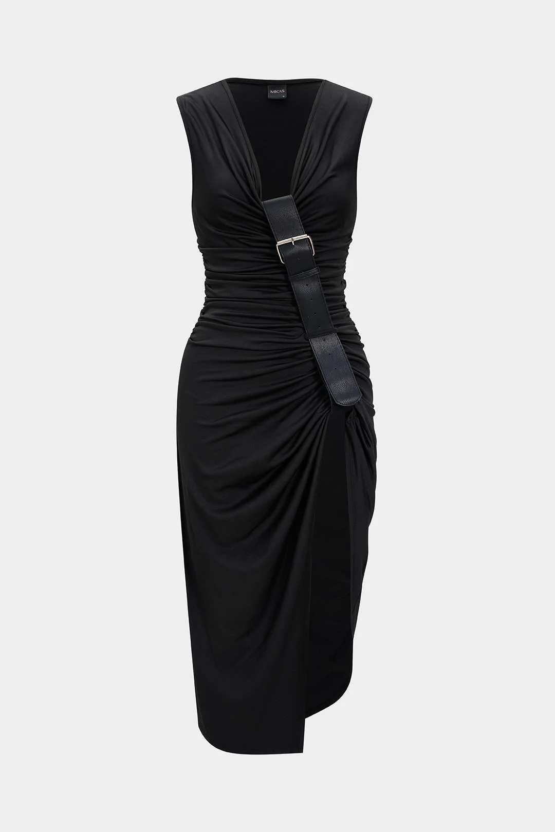 Ruched V-Neck Slit Asymmetrical Sleeveless Midi Dress - Flockneti