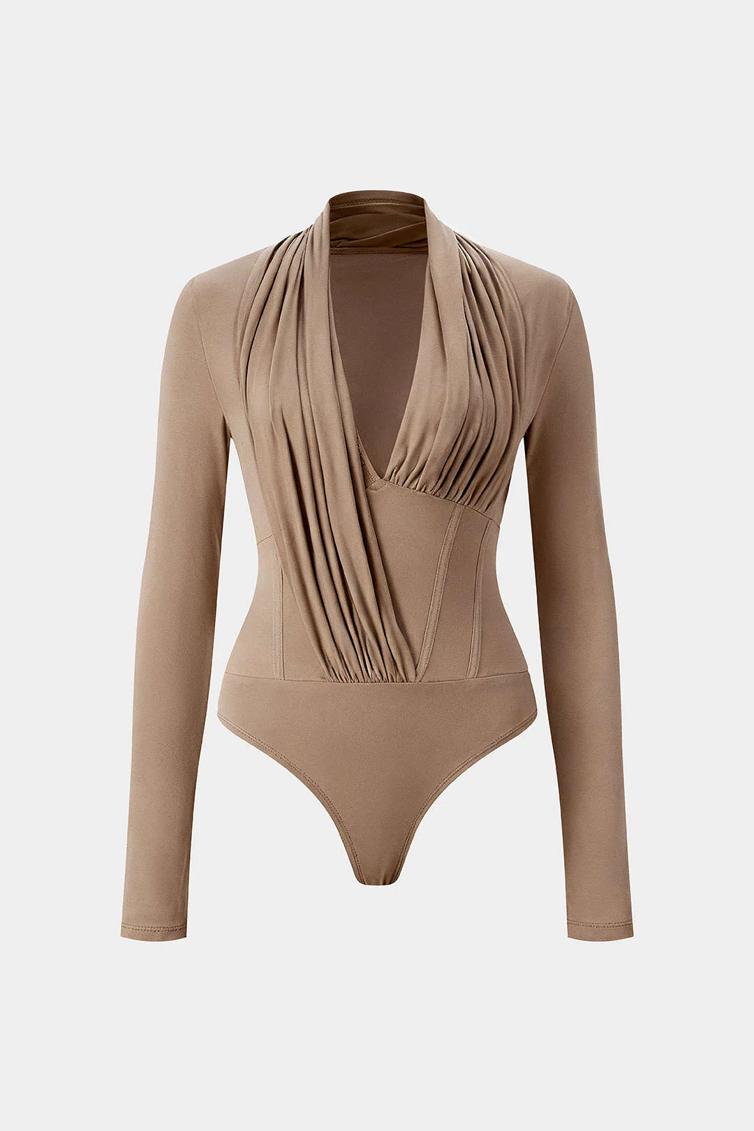 Asymmetrical Ruched Corset Zipper Long-Sleeve Bodysuit - Flockneti