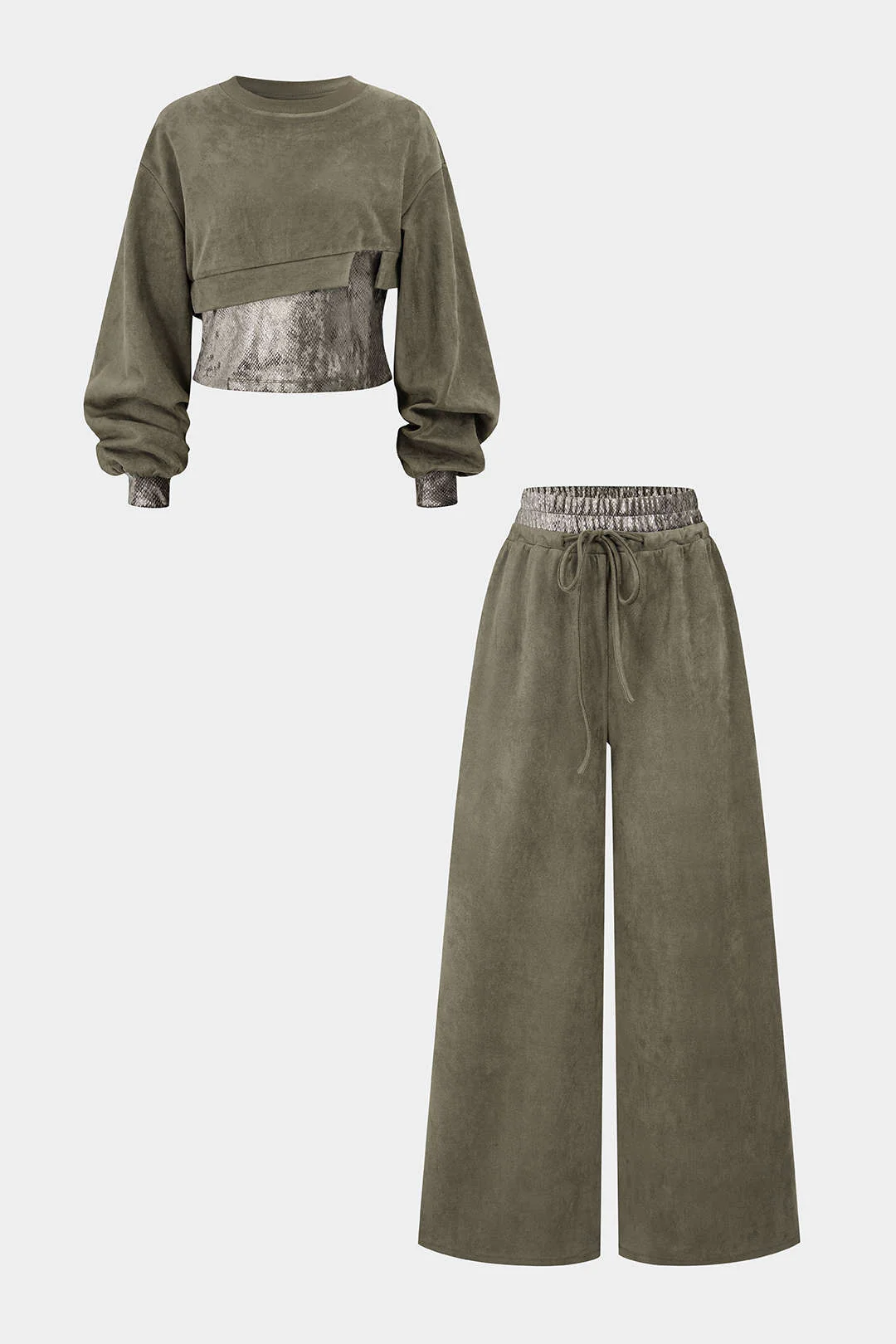 Snake Skin Print Suede Asymmetrical Sweatshirt And Drawstring Wide Leg Pants Set - Flockneti