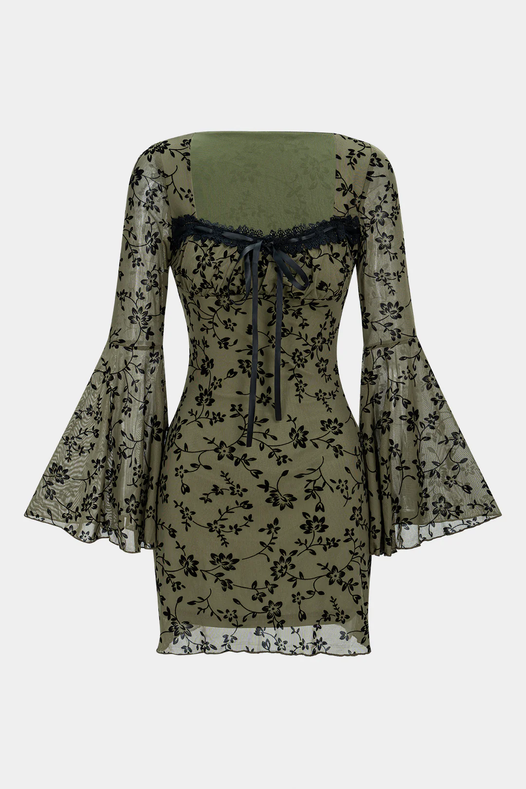 Floral Print Square Neck Tie-Front Bell Long Sleeve Mini Dress - Flockneti