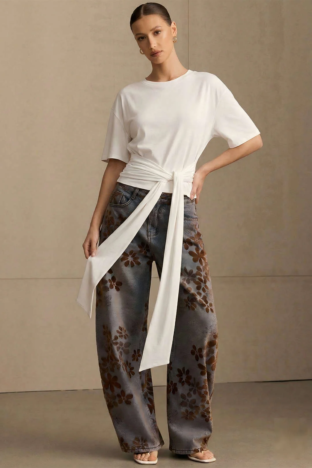 Round Neck Ruched Knotted Short Sleeve T-Shirt - Flockneti