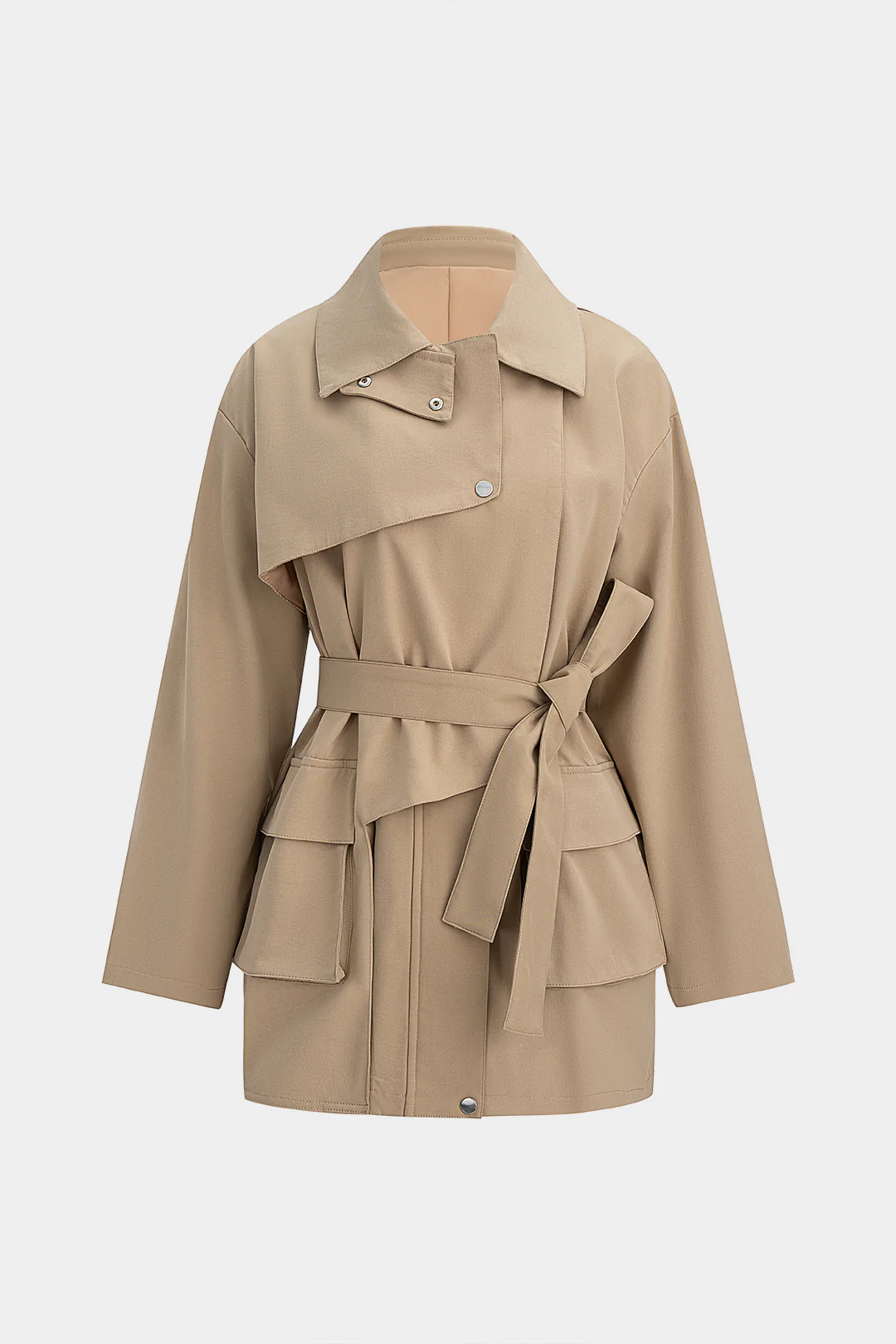 Pocket Asymmetrical Tie Front Coat - Flockneti