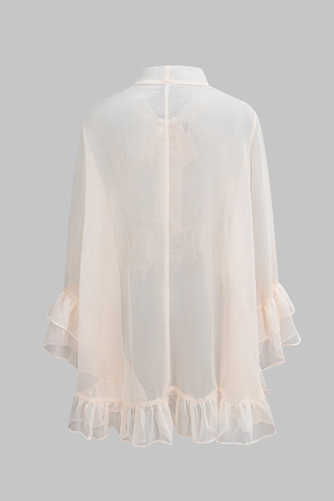 Sheer Ruffle Hem Strappy Long-Sleeve Shirt - Flockneti