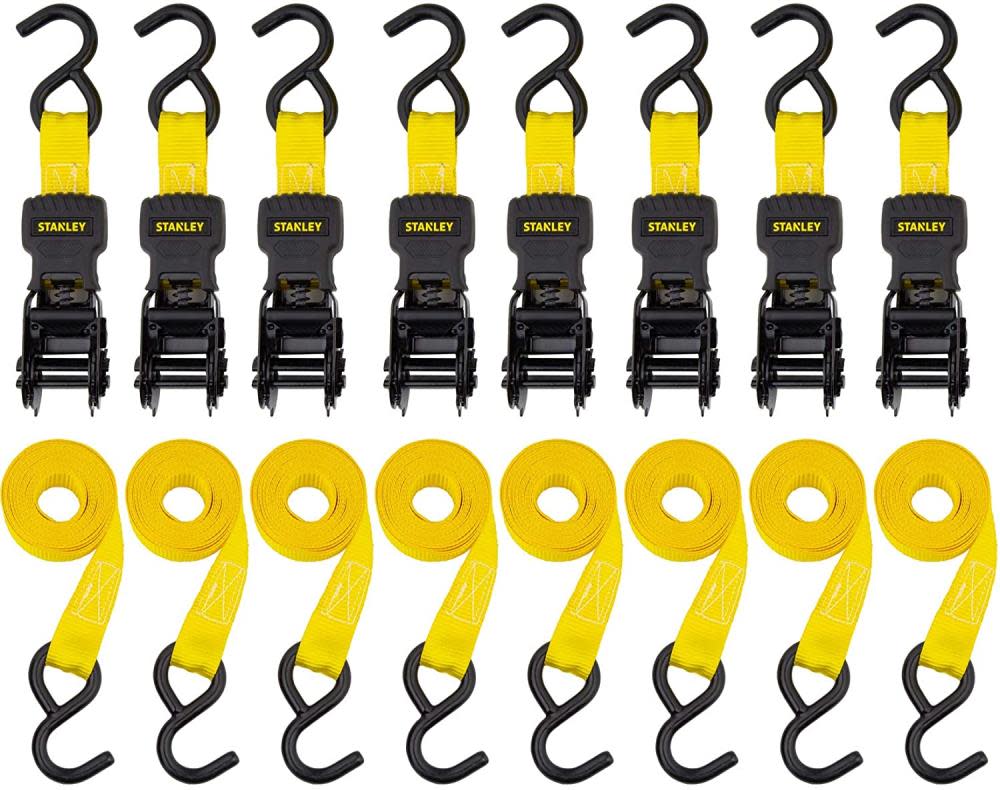 Stanley S1000 Ratchet Tie Down Straps 1″ x 10′ Light Cargo Hauling 1500 lbs Break Strength 8pk - Flockneti