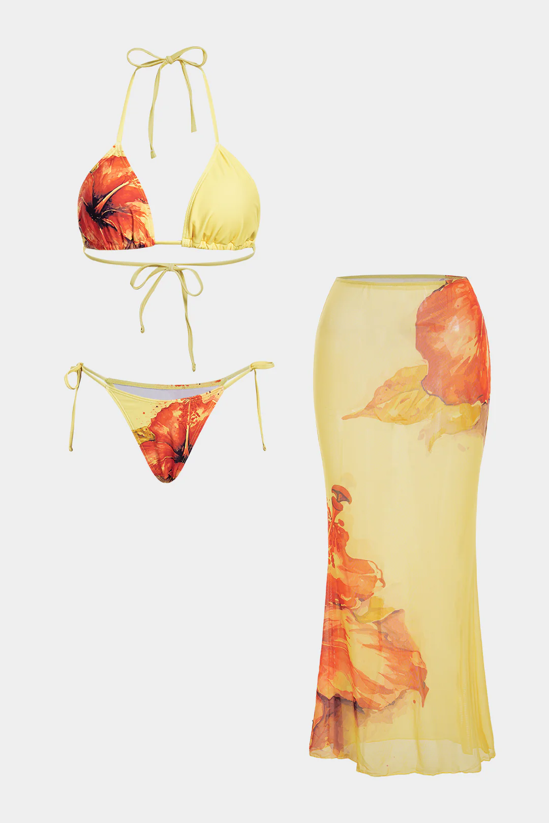 Floral Print Mesh Patchwork Halter Tie-Up Bikini Set - Flockneti