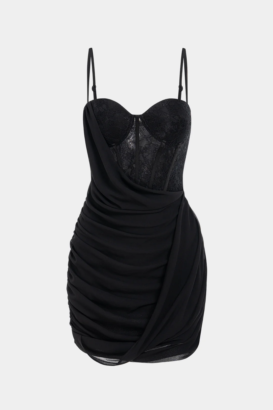 Chiffon Patchwork Lace Corset Asymmetrical Ruched Sleeveless Mini Dress - Flockneti