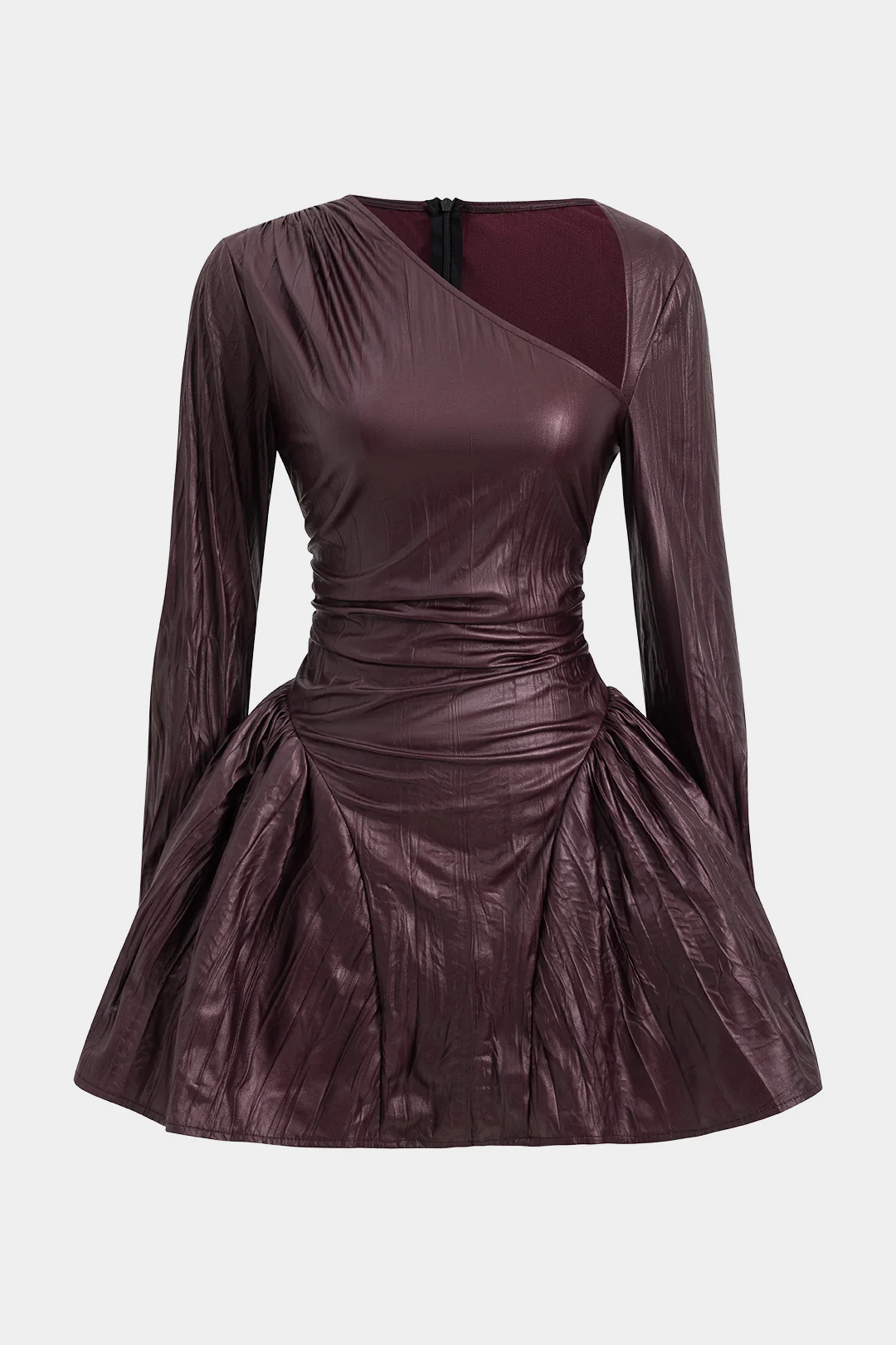 Ruched Asymmetrical Long Sleeve Mini Dress - Flockneti