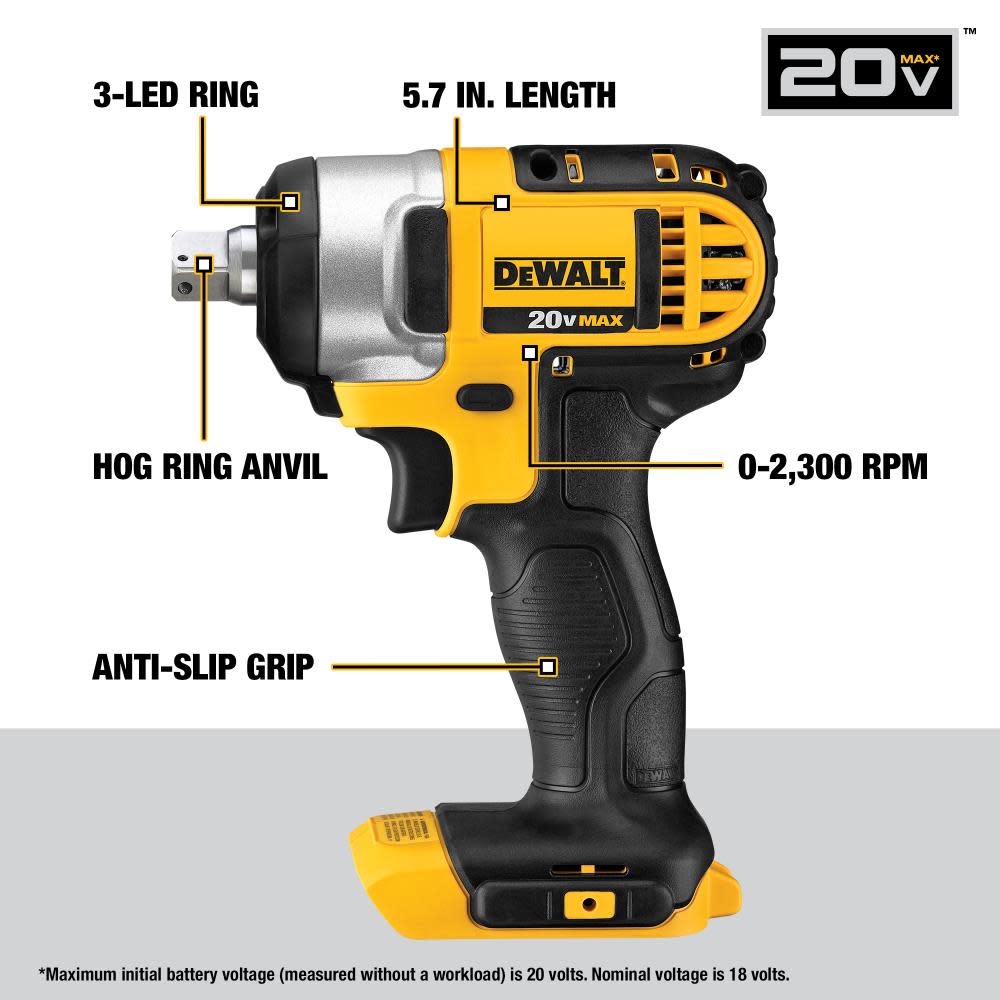DEWALT 20 V MAX Lithium Ion 1/2 In. Impact Wrench with Detent Pin (Tool Only) - Flockneti