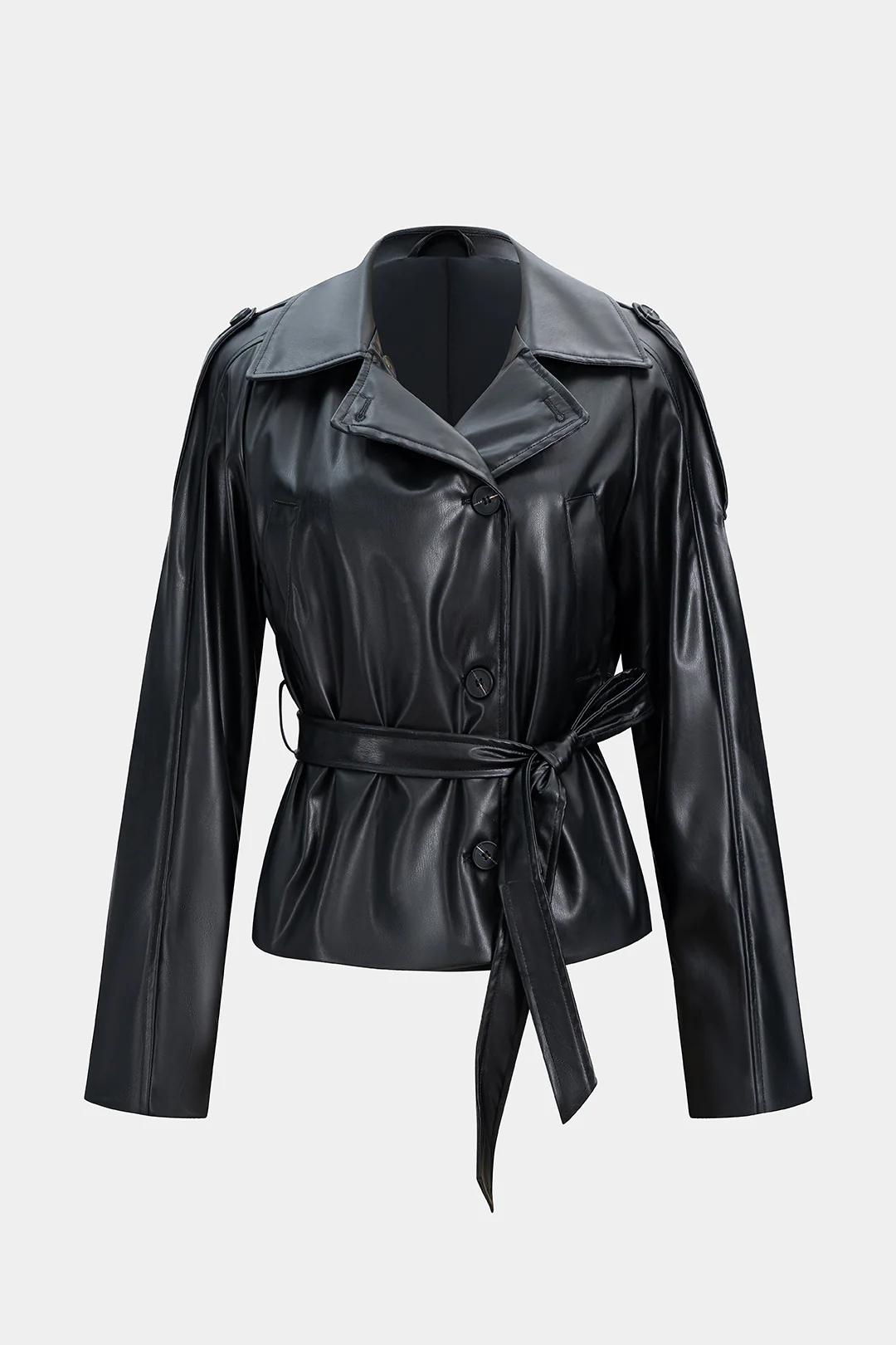 Faux Leather Button Tie-Front Pocket Jacket - Flockneti