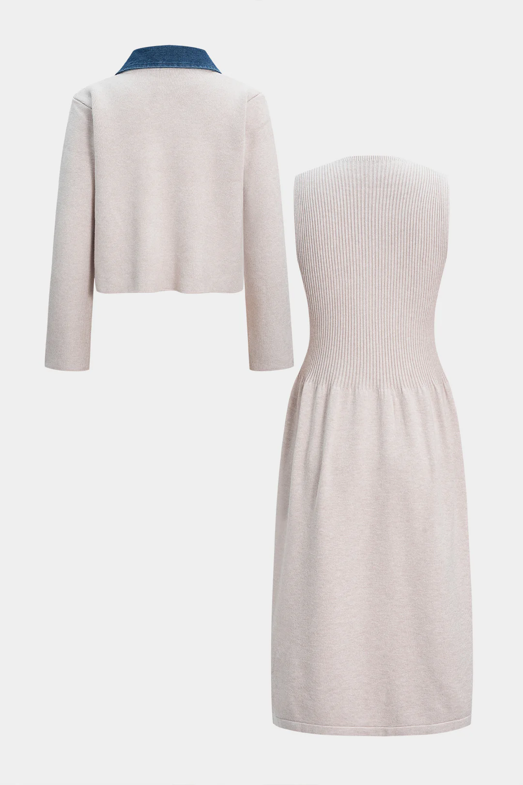 Knit Patchwork Button Cardigan And Ribbed Sleeveless Dress Set - Flockneti