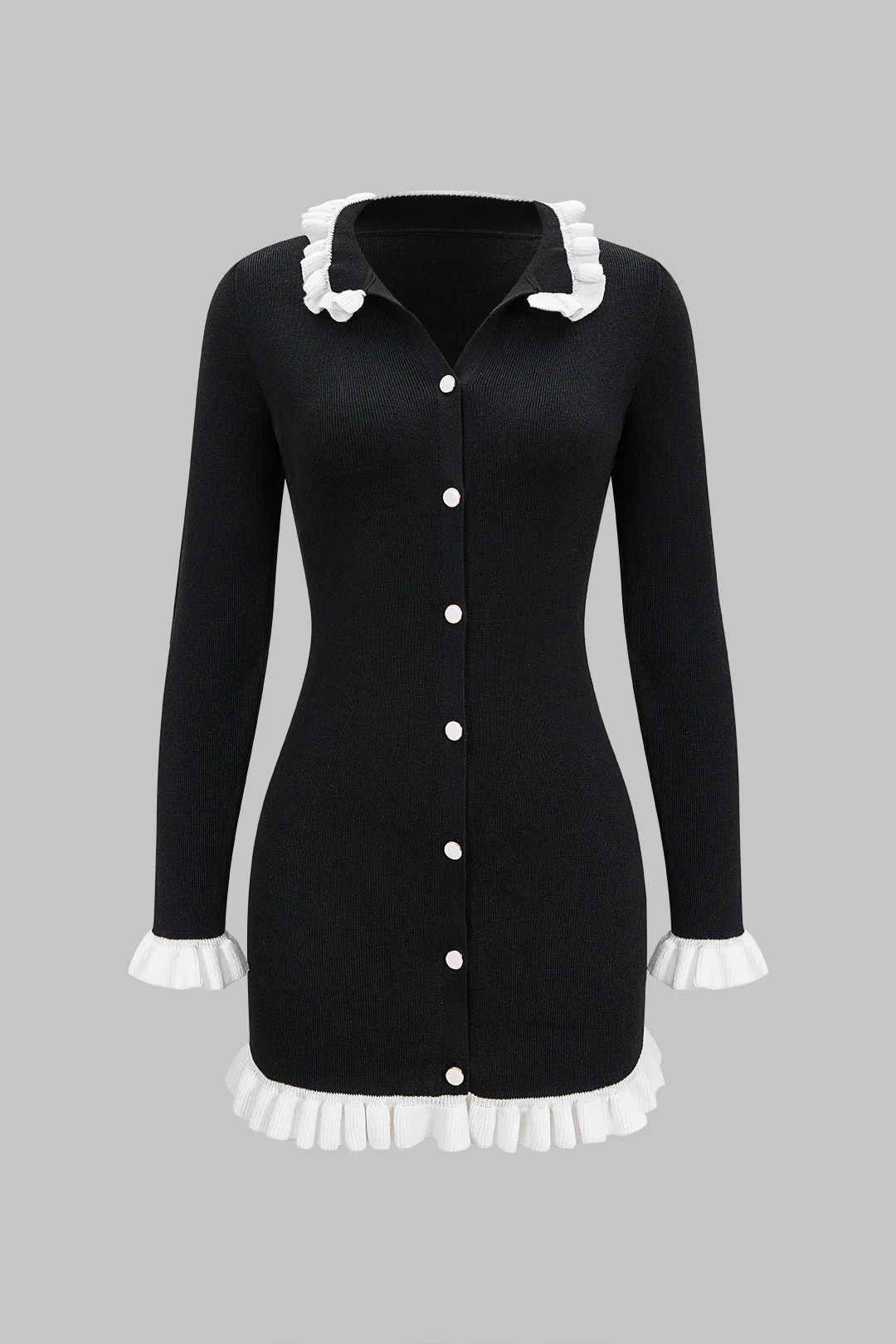 Knit Contrast Ruffels Button Long Sleeve Dress - Flockneti